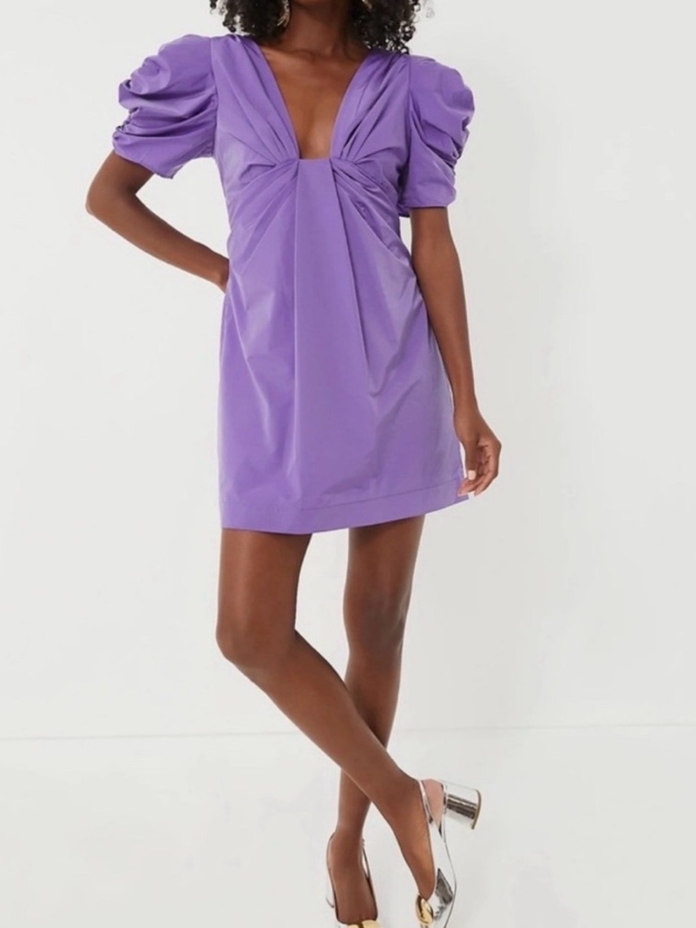 Deep V Puff-Sleeve Mini Dress in Lavender